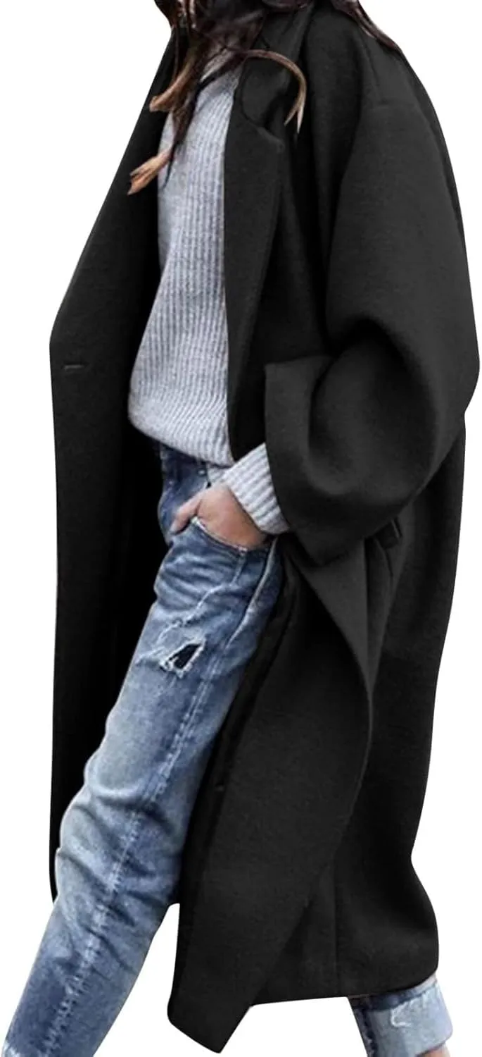 SACFOF Women's Oversized Notched Collar Wool Blend Open Front Midi Long Trench Coat Fashion Wool Blend Trench Pea Coats