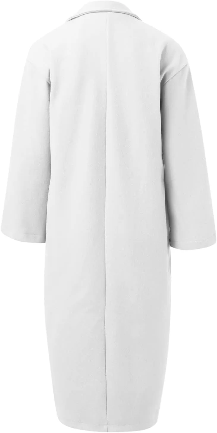 SACFOF Women's Oversized Notched Collar Wool Blend Open Front Midi Long Trench Coat Fashion Wool Blend Trench Pea Coats
