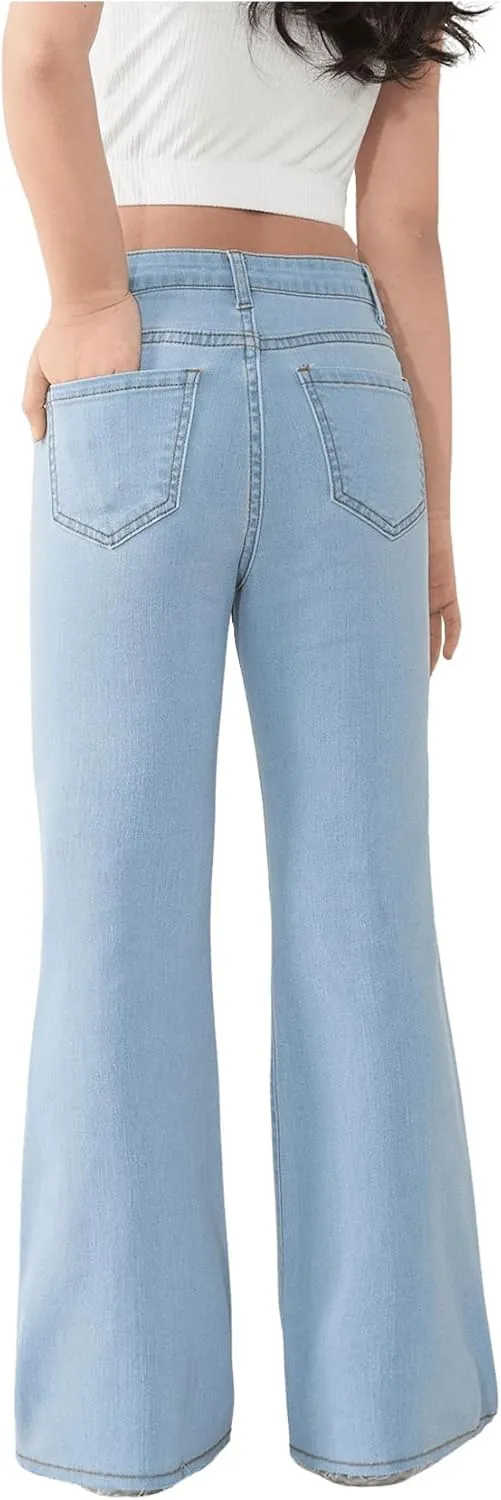 SHENHE Girl's High Waisted Flare Leg Frayed Raw Hem Bell Bottom Jeans Denim Pants