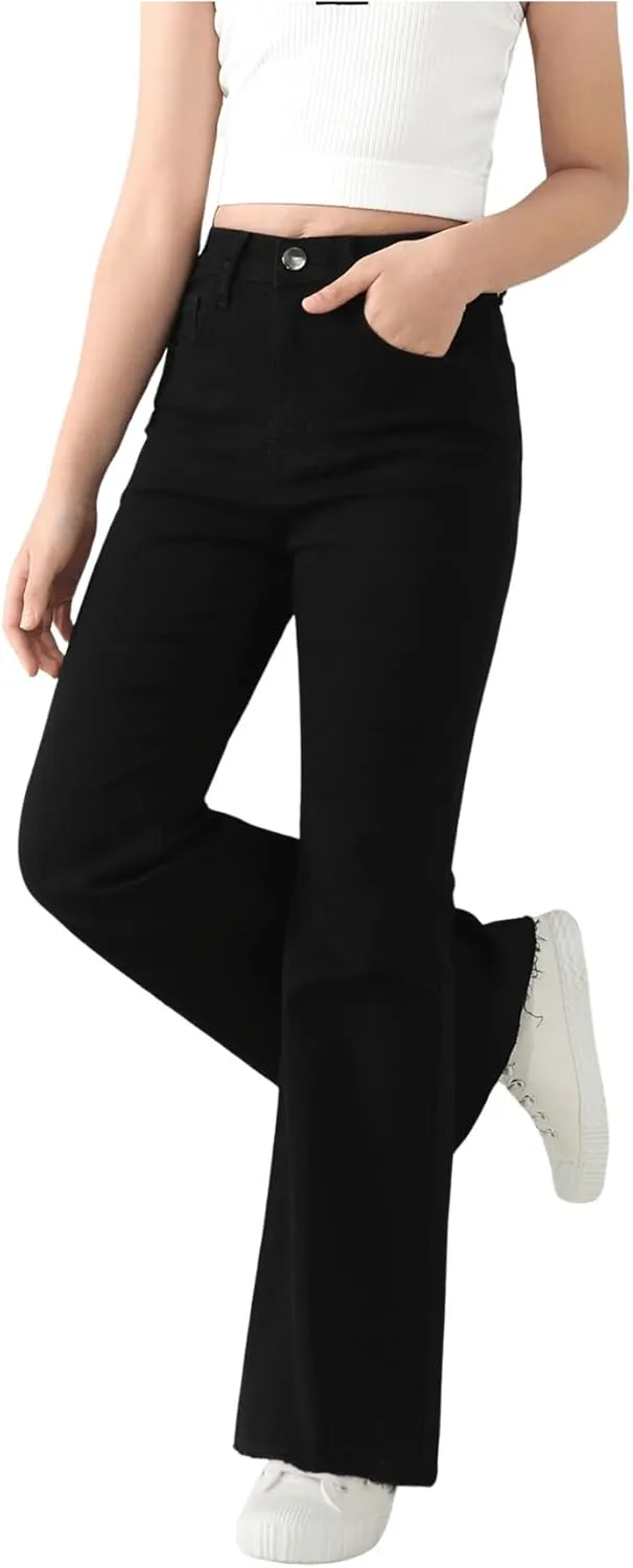 SHENHE Girl's High Waisted Flare Leg Frayed Raw Hem Bell Bottom Jeans Denim Pants