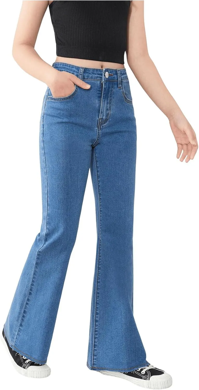 SHENHE Girl's High Waisted Flare Leg Frayed Raw Hem Bell Bottom Jeans Denim Pants
