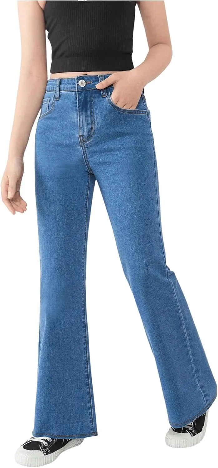 SHENHE Girl's High Waisted Flare Leg Frayed Raw Hem Bell Bottom Jeans Denim Pants