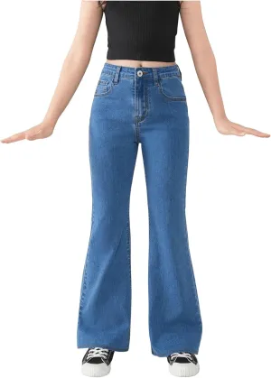 SHENHE Girl's High Waisted Flare Leg Frayed Raw Hem Bell Bottom Jeans Denim Pants