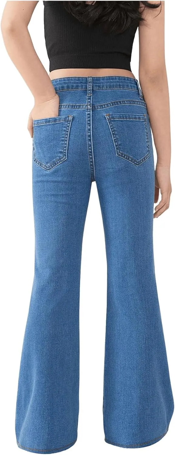 SHENHE Girl's High Waisted Flare Leg Frayed Raw Hem Bell Bottom Jeans Denim Pants