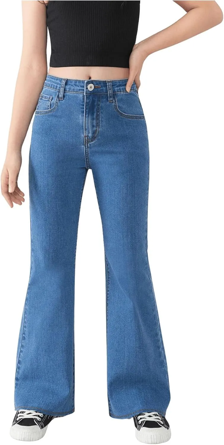 SHENHE Girl's High Waisted Flare Leg Frayed Raw Hem Bell Bottom Jeans Denim Pants
