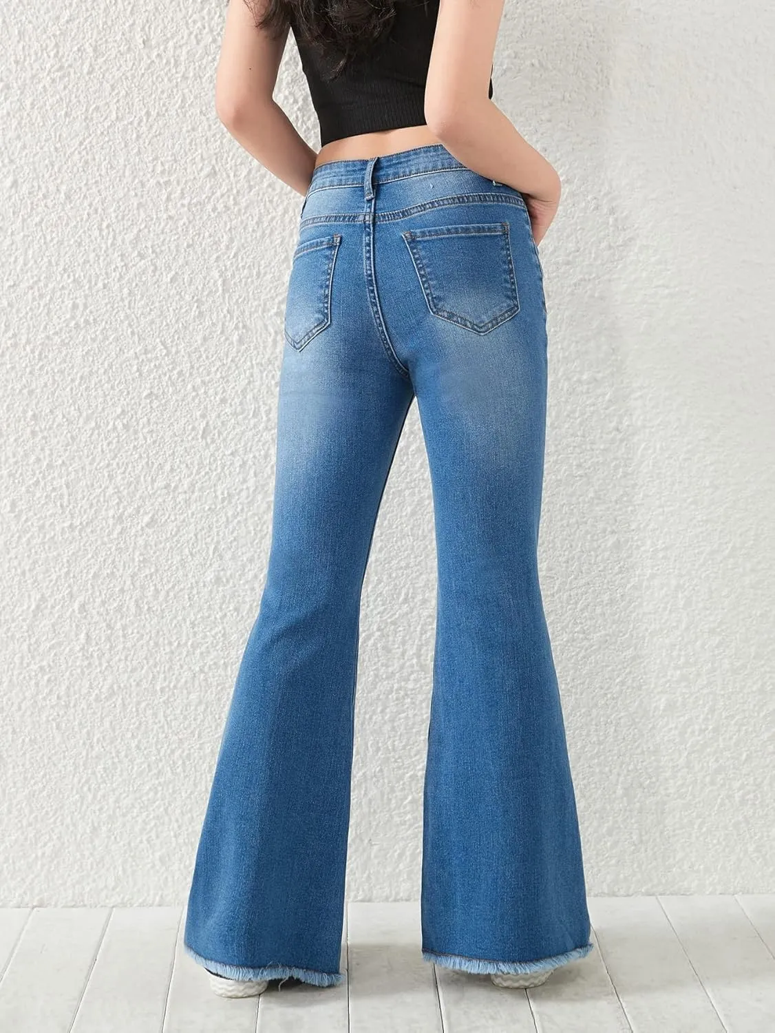 SHENHE Girl's High Waisted Flare Leg Jeans Split Raw Hem Denim Pants with Pockets