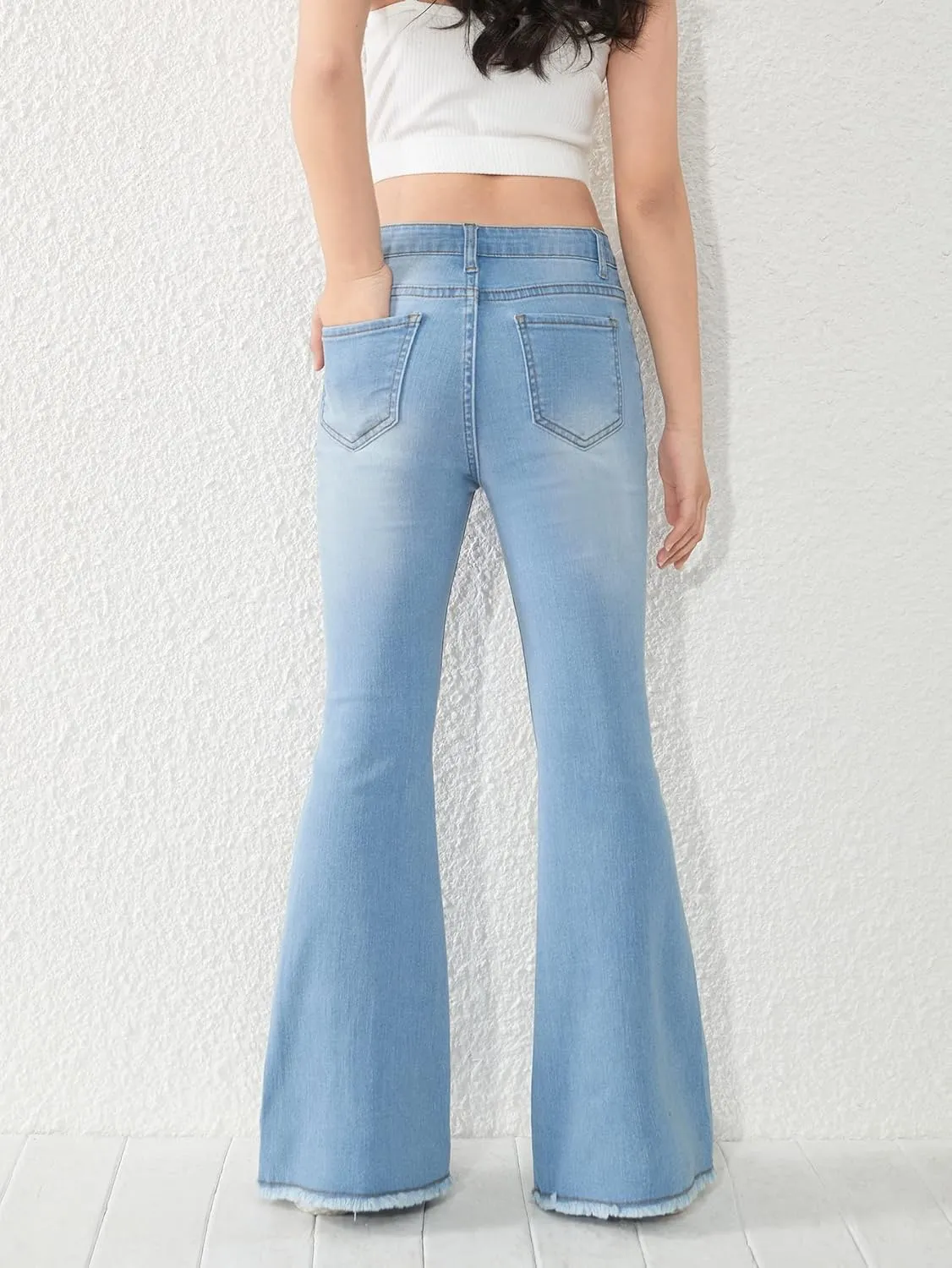 SHENHE Girl's High Waisted Flare Leg Jeans Split Raw Hem Denim Pants with Pockets
