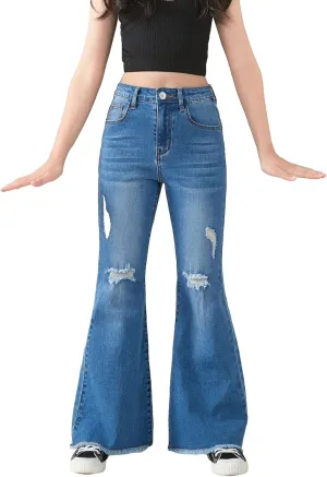 SHENHE Girl's High Waisted Flare Leg Jeans Split Raw Hem Denim Pants with Pockets