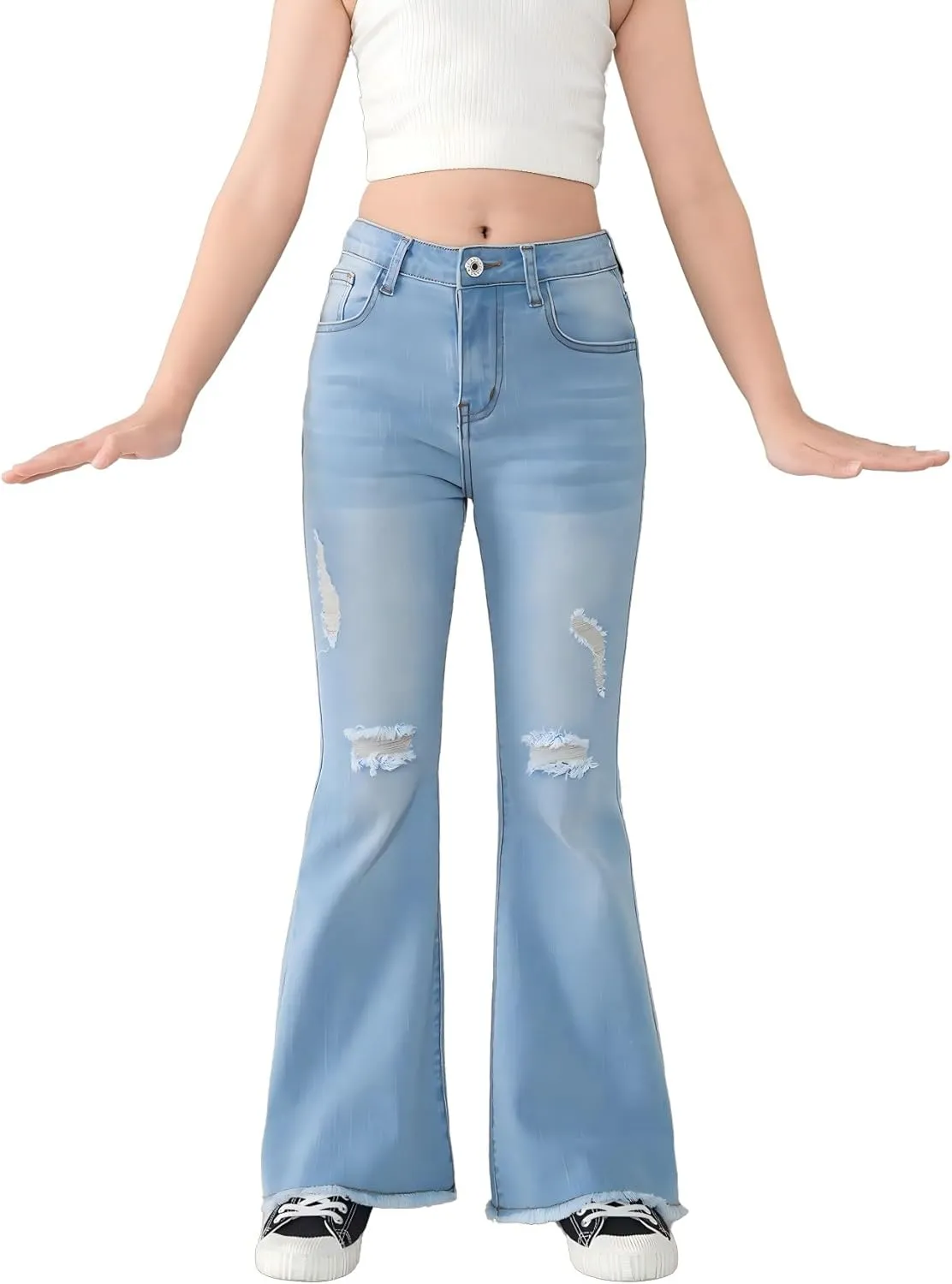 SHENHE Girl's High Waisted Flare Leg Jeans Split Raw Hem Denim Pants with Pockets