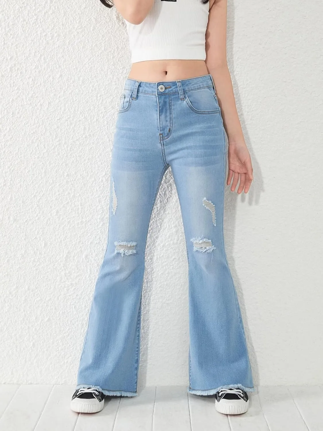 SHENHE Girl's High Waisted Flare Leg Jeans Split Raw Hem Denim Pants with Pockets