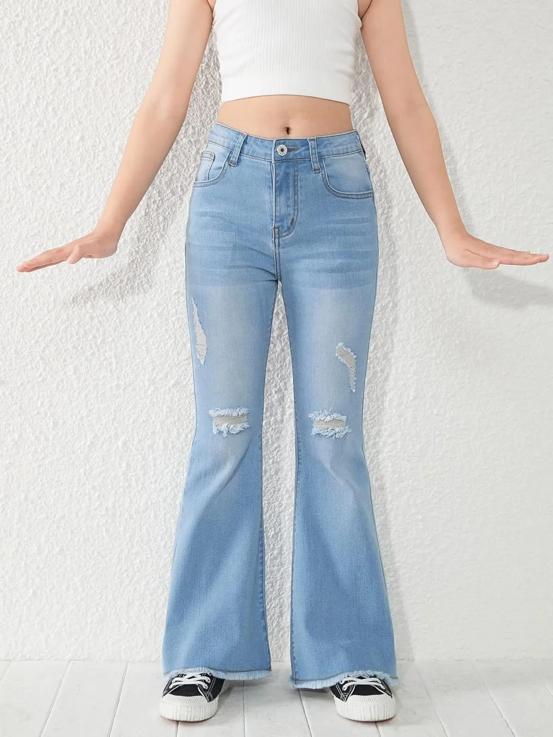 SHENHE Girl's High Waisted Flare Leg Jeans Split Raw Hem Denim Pants with Pockets