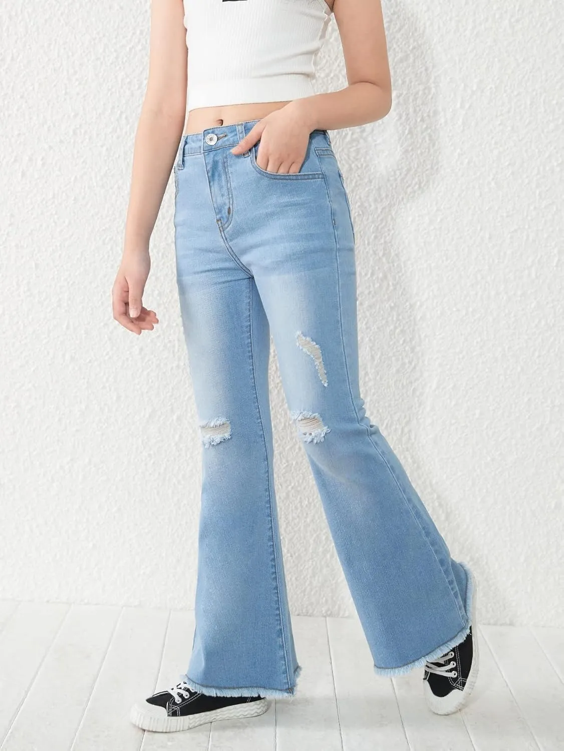 SHENHE Girl's High Waisted Flare Leg Jeans Split Raw Hem Denim Pants with Pockets