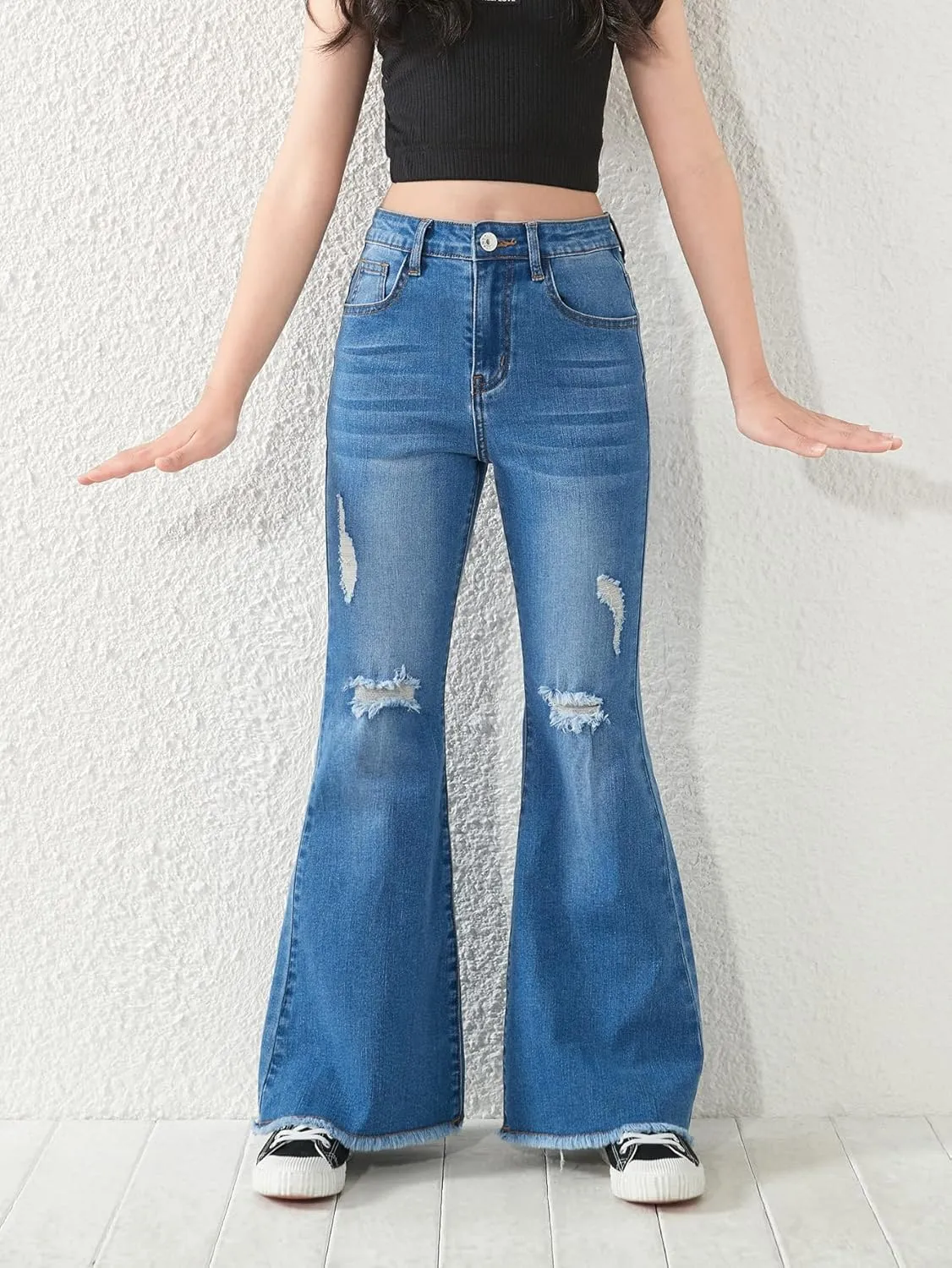 SHENHE Girl's High Waisted Flare Leg Jeans Split Raw Hem Denim Pants with Pockets