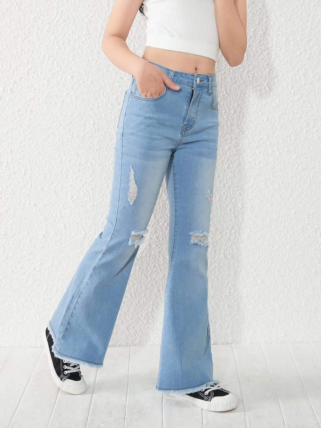 SHENHE Girl's High Waisted Flare Leg Jeans Split Raw Hem Denim Pants with Pockets