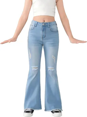 SHENHE Girl's High Waisted Flare Leg Jeans Split Raw Hem Denim Pants with Pockets