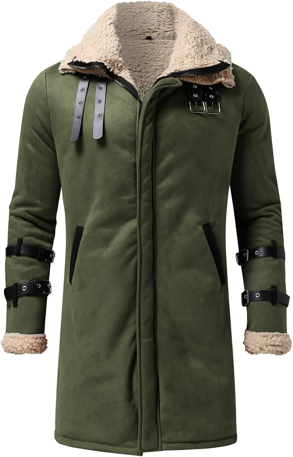 Sherpa Lined Long Jacket Men Faux Leather Shearling Jacket Fur Collar Long Trench Coats Winter Outerwear Fleece Coat