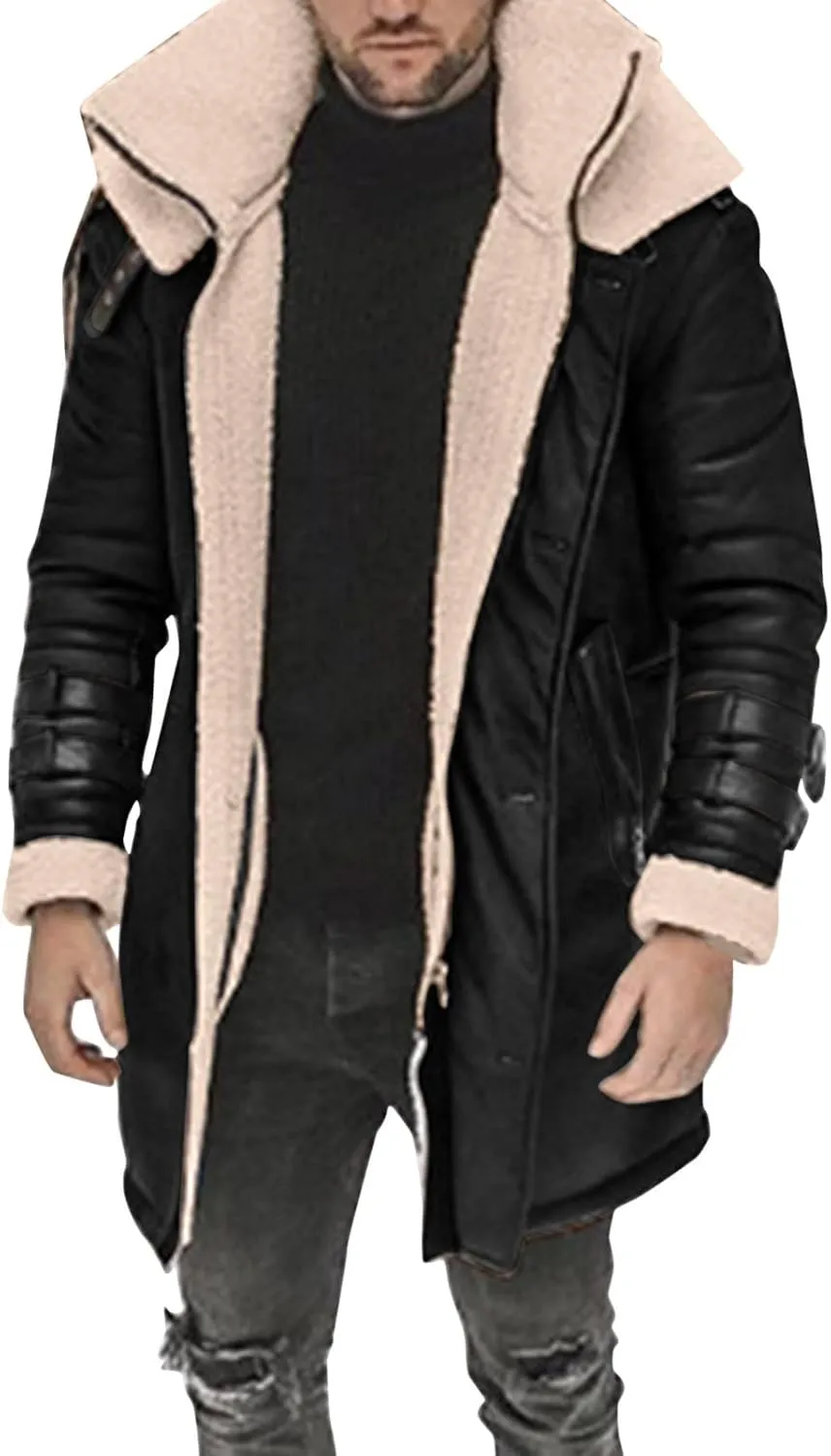 Sherpa Lined Long Jacket Men Faux Leather Shearling Jacket Fur Collar Long Trench Coats Winter Outerwear Fleece Coat