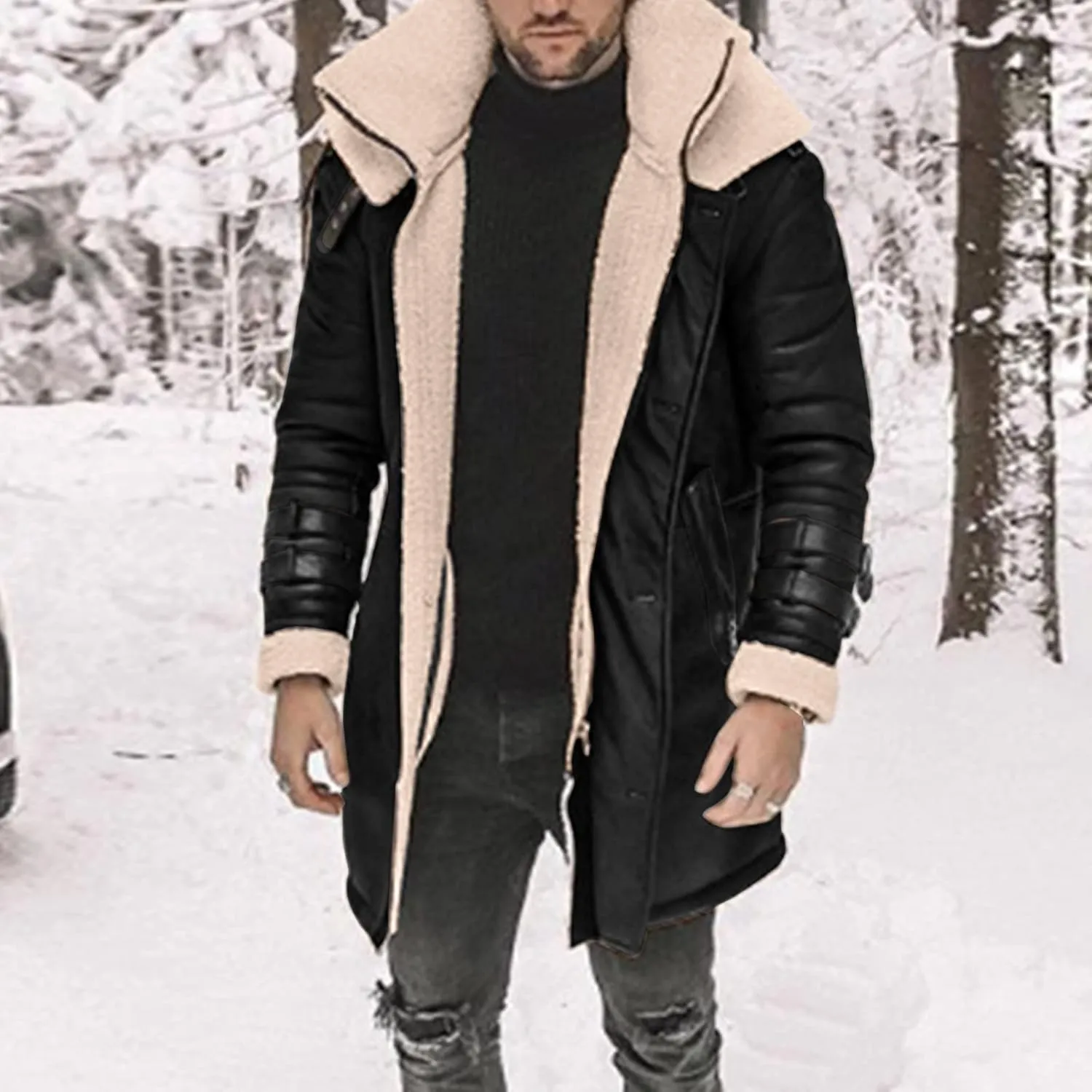 Sherpa Lined Long Jacket Men Faux Leather Shearling Jacket Fur Collar Long Trench Coats Winter Outerwear Fleece Coat