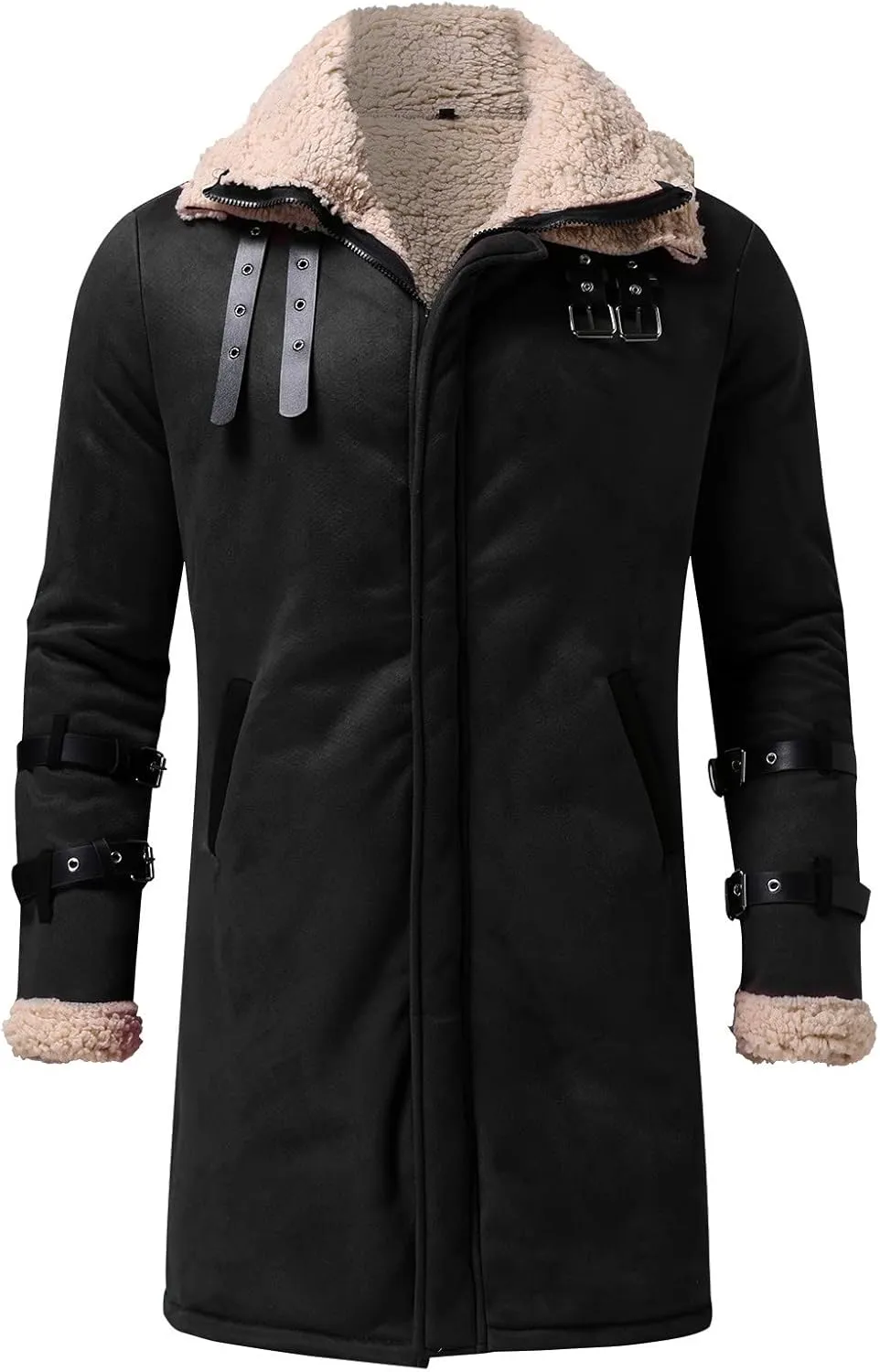 Sherpa Lined Long Jacket Men Faux Leather Shearling Jacket Fur Collar Long Trench Coats Winter Outerwear Fleece Coat