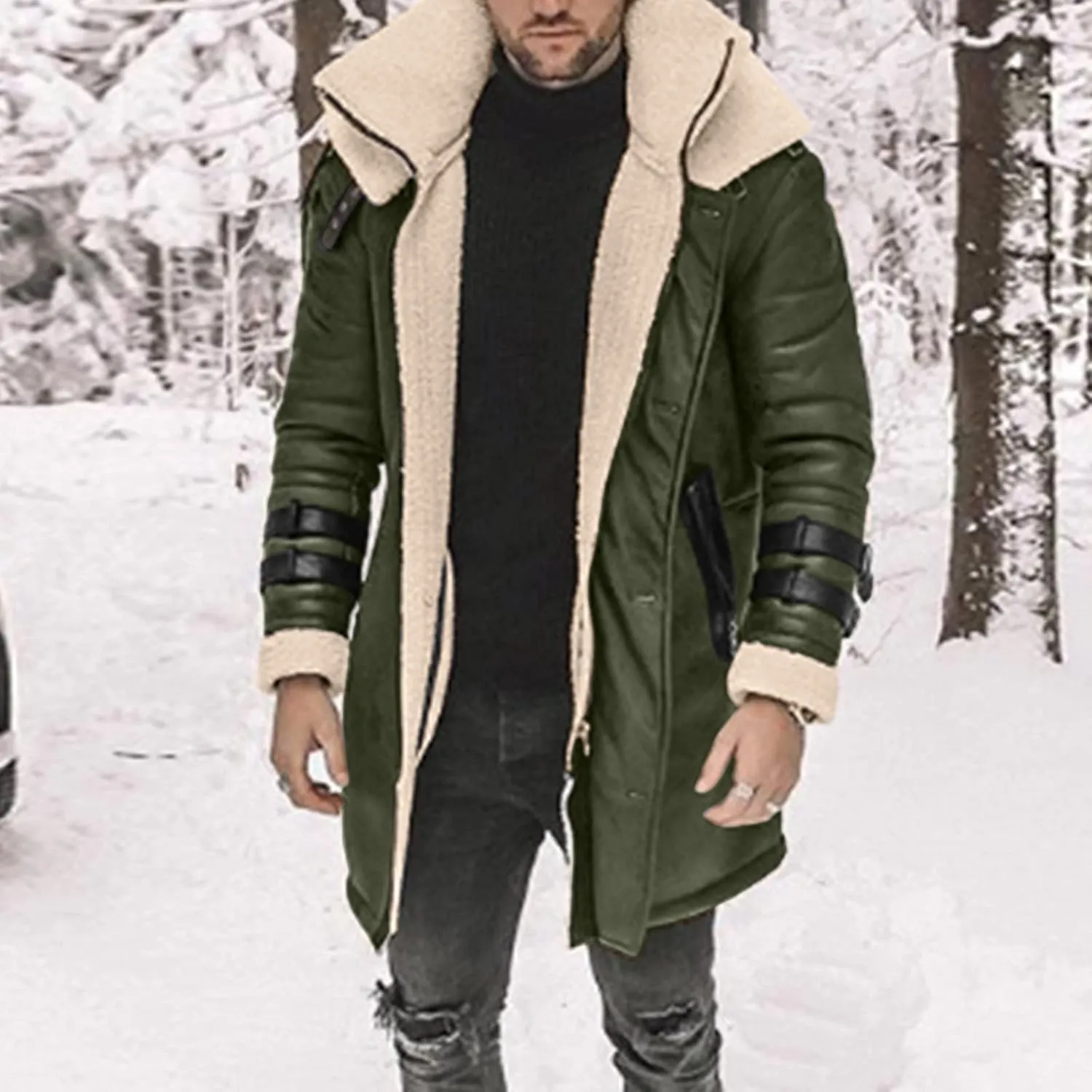 Sherpa Lined Long Jacket Men Faux Leather Shearling Jacket Fur Collar Long Trench Coats Winter Outerwear Fleece Coat