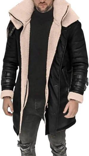 Sherpa Lined Long Jacket Men Faux Leather Shearling Jacket Fur Collar Long Trench Coats Winter Outerwear Fleece Coat