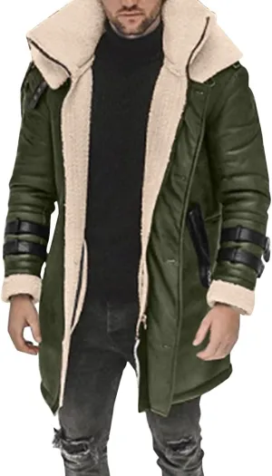 Sherpa Lined Long Jacket Men Faux Leather Shearling Jacket Fur Collar Long Trench Coats Winter Outerwear Fleece Coat