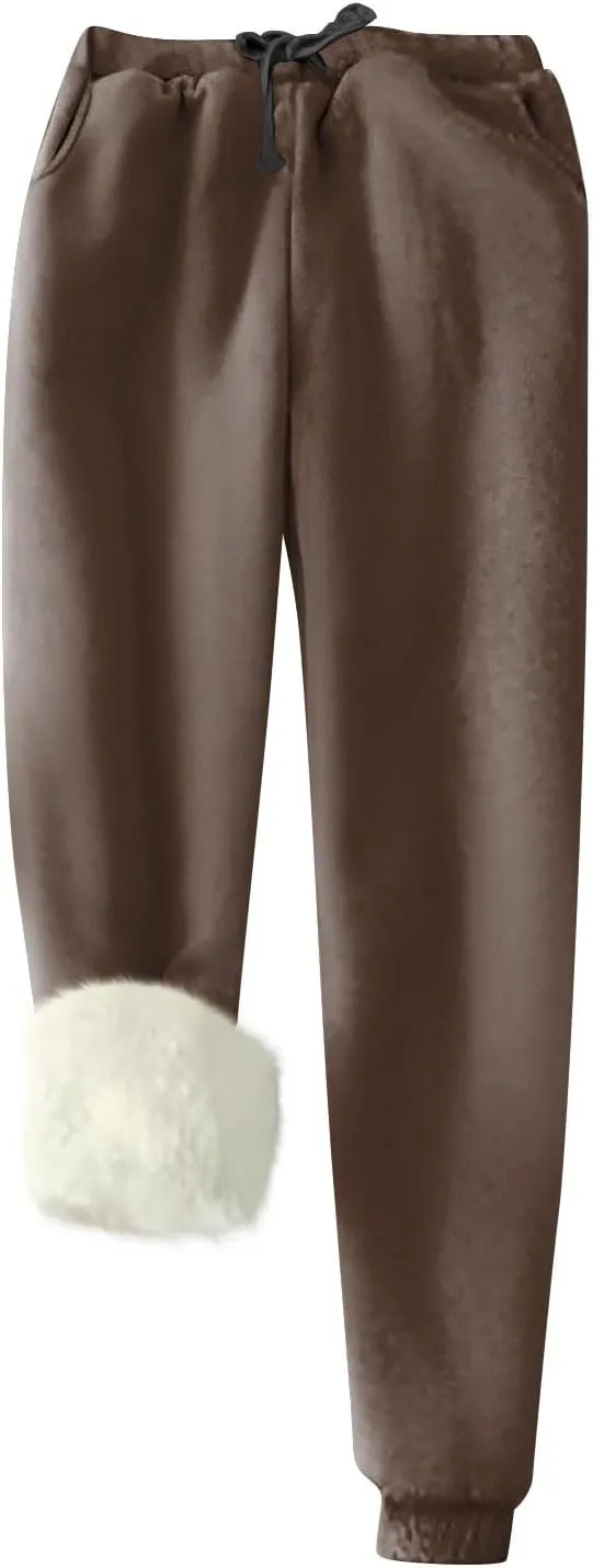 Sherpa Lined Sweatpants Women Drawstring High Waisted Fleece Joggers Winter Warm Athletic Jogger Pants with Pockets