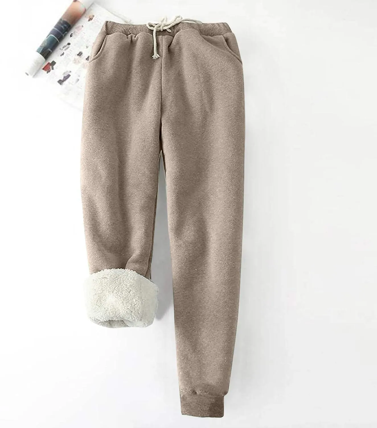 Sherpa Lined Sweatpants Women Drawstring High Waisted Fleece Joggers Winter Warm Athletic Jogger Pants with Pockets