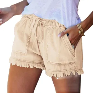 Shorts for Women Lightweight Casual Baggy Denim Short Elastic Waist Drawstring Comfy Jean Shorts Frayed Raw Hem