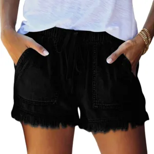 Shorts for Women Lightweight Casual Baggy Denim Short Elastic Waist Drawstring Comfy Jean Shorts Frayed Raw Hem