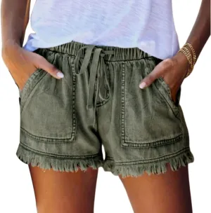 Shorts for Women Lightweight Casual Baggy Denim Short Elastic Waist Drawstring Comfy Jean Shorts Frayed Raw Hem