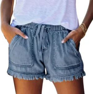 Shorts for Women Lightweight Casual Baggy Denim Short Elastic Waist Drawstring Comfy Jean Shorts Frayed Raw Hem
