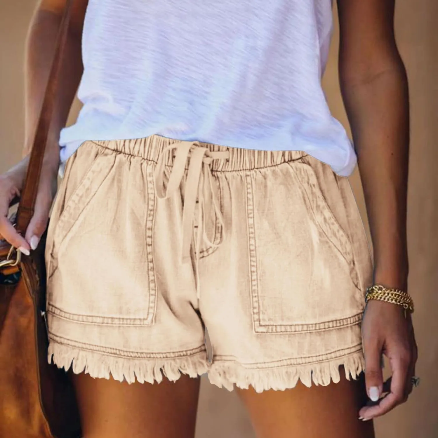 Shorts for Women Lightweight Casual Baggy Denim Short Elastic Waist Drawstring Comfy Jean Shorts Frayed Raw Hem