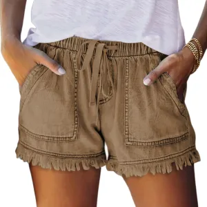 Shorts for Women Lightweight Casual Baggy Denim Short Elastic Waist Drawstring Comfy Jean Shorts Frayed Raw Hem