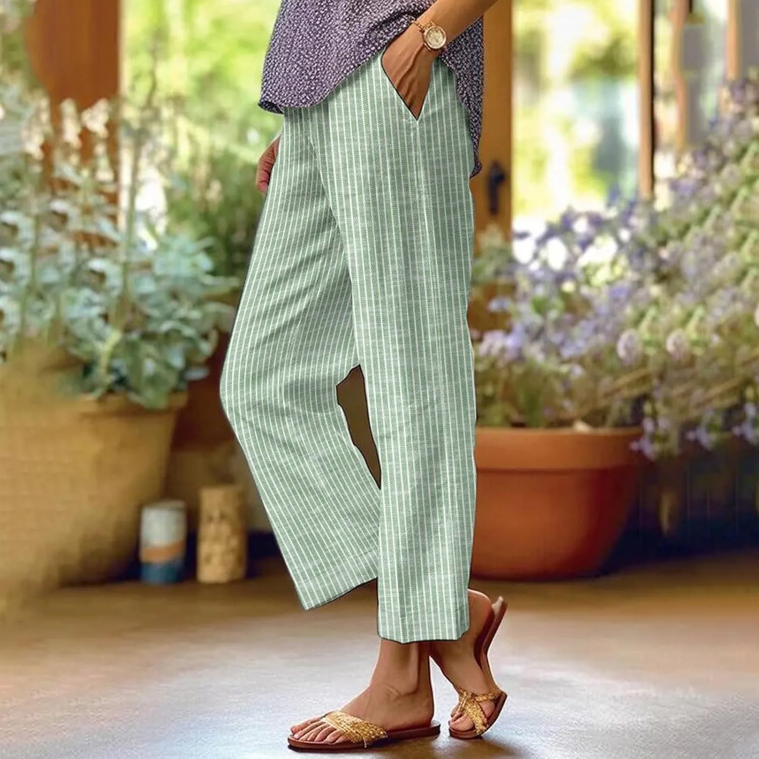 Side Stripe Pants Women for Beach Vacation Clothes for Women 2025 Linen Straight Leg Elastic Waist with Pockets