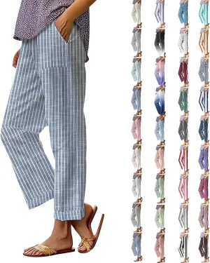 Side Stripe Pants Women for Beach Vacation Clothes for Women 2025 Linen Straight Leg Elastic Waist with Pockets