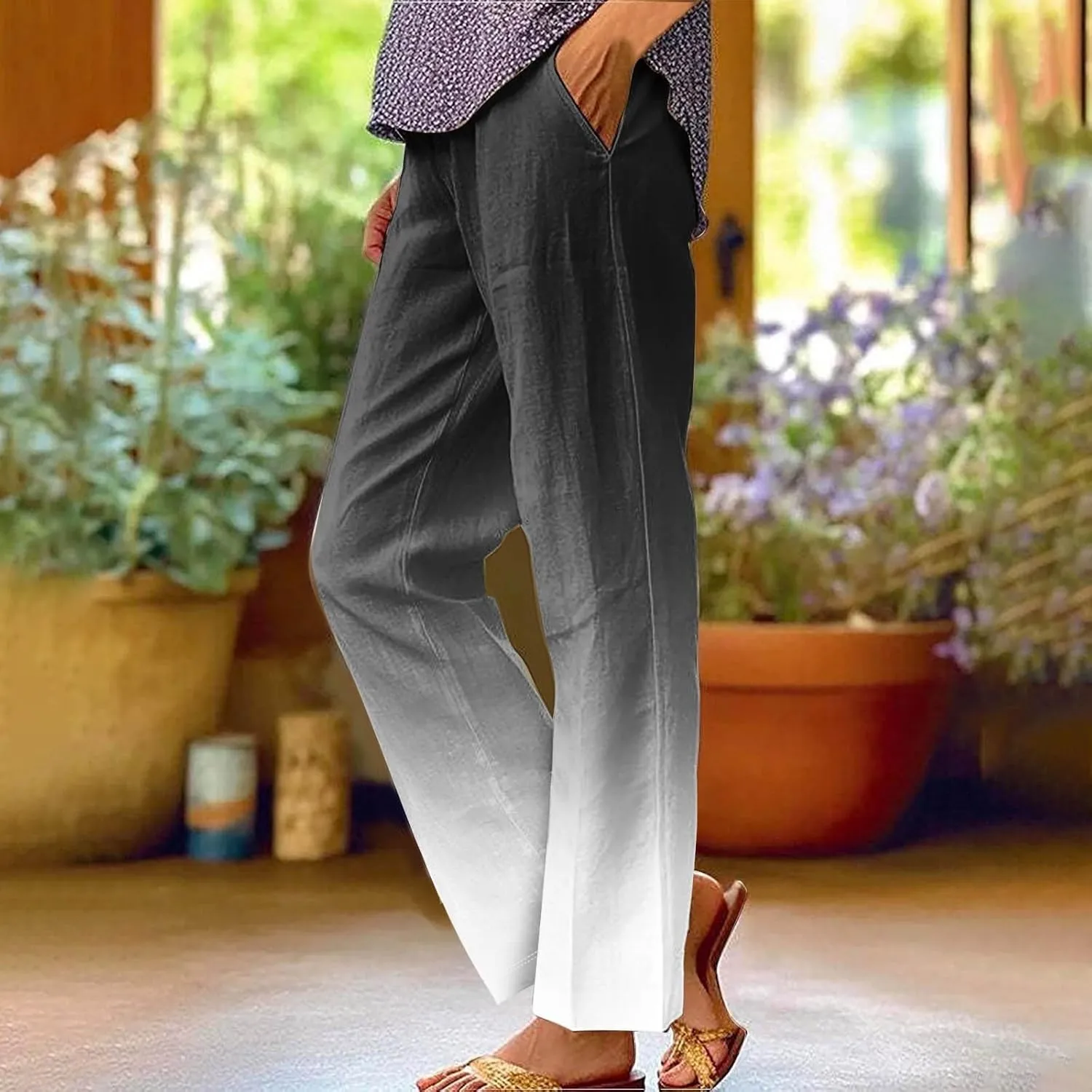 Side Stripe Pants Women for Beach Vacation Clothes for Women 2025 Linen Straight Leg Elastic Waist with Pockets