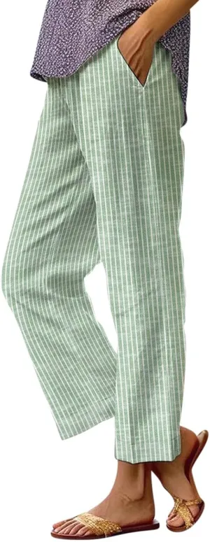 Side Stripe Pants Women for Beach Vacation Clothes for Women 2025 Linen Straight Leg Elastic Waist with Pockets