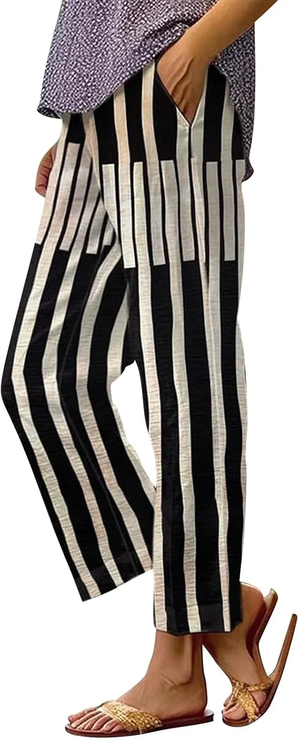 Side Stripe Pants Women for Beach Vacation Clothes for Women 2025 Linen Straight Leg Elastic Waist with Pockets