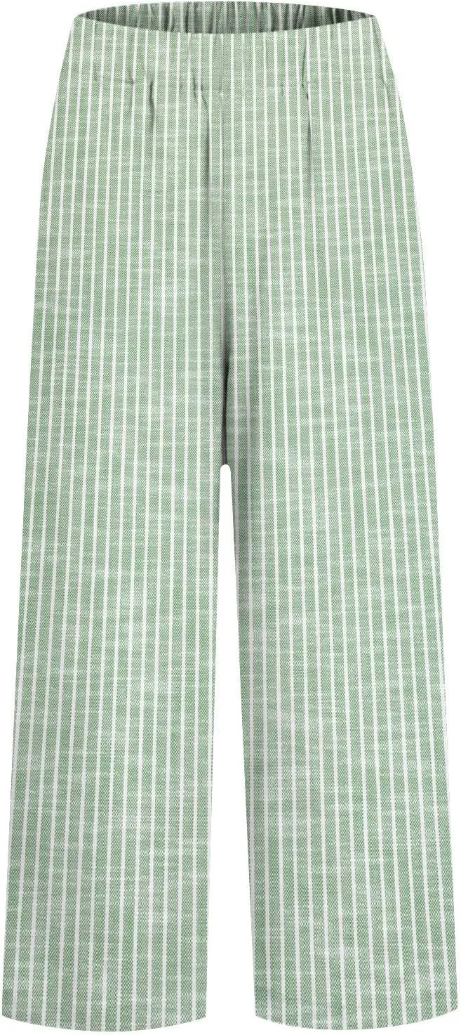 Side Stripe Pants Women for Beach Vacation Clothes for Women 2025 Linen Straight Leg Elastic Waist with Pockets