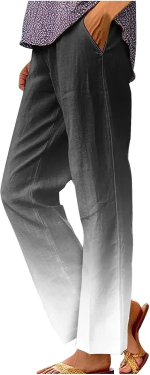 Side Stripe Pants Women for Beach Vacation Clothes for Women 2025 Linen Straight Leg Elastic Waist with Pockets