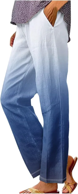 Side Stripe Pants Women for Beach Vacation Clothes for Women 2025 Linen Straight Leg Elastic Waist with Pockets
