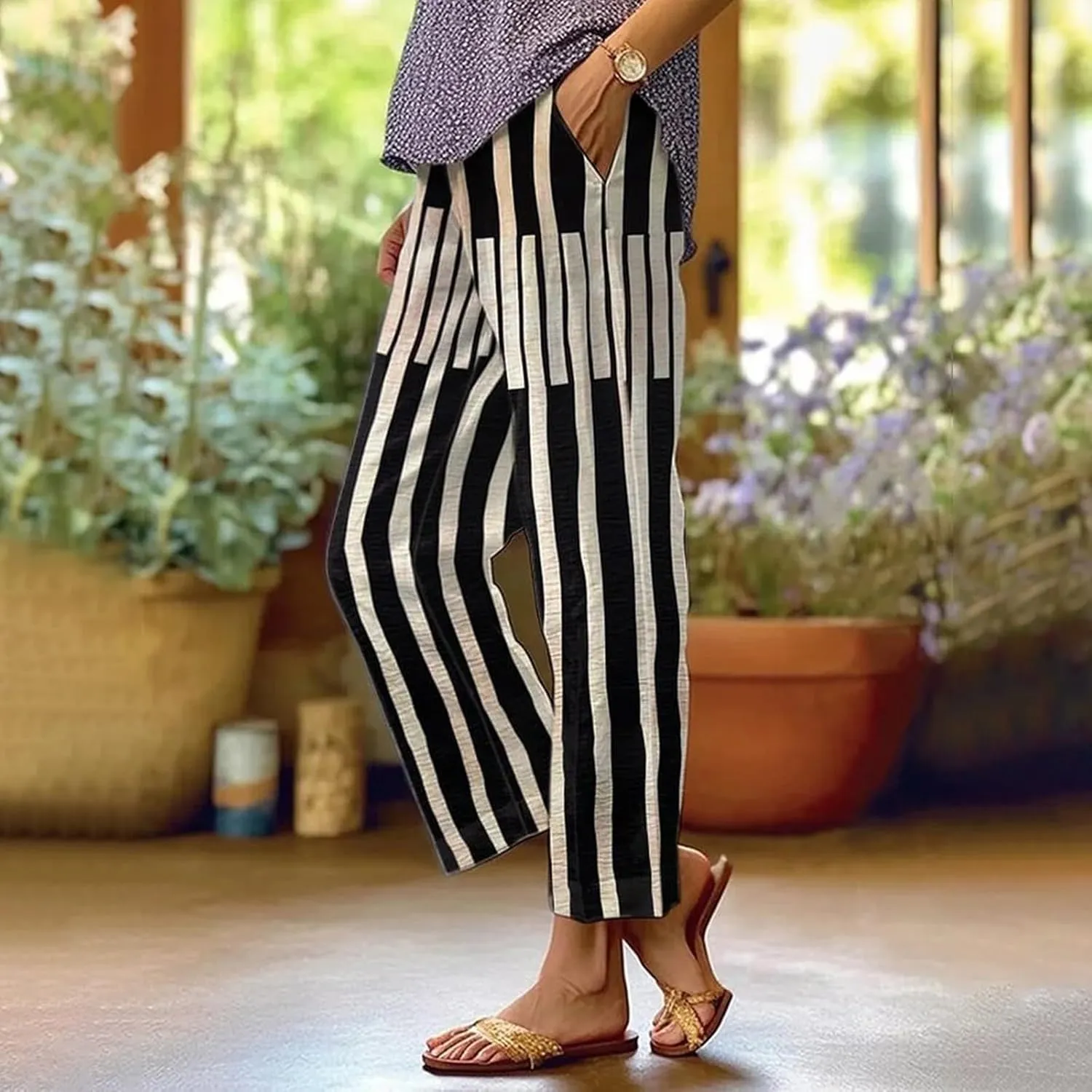 Side Stripe Pants Women for Beach Vacation Clothes for Women 2025 Linen Straight Leg Elastic Waist with Pockets
