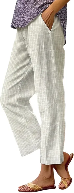 Side Stripe Pants Women for Beach Vacation Clothes for Women 2025 Linen Straight Leg Elastic Waist with Pockets