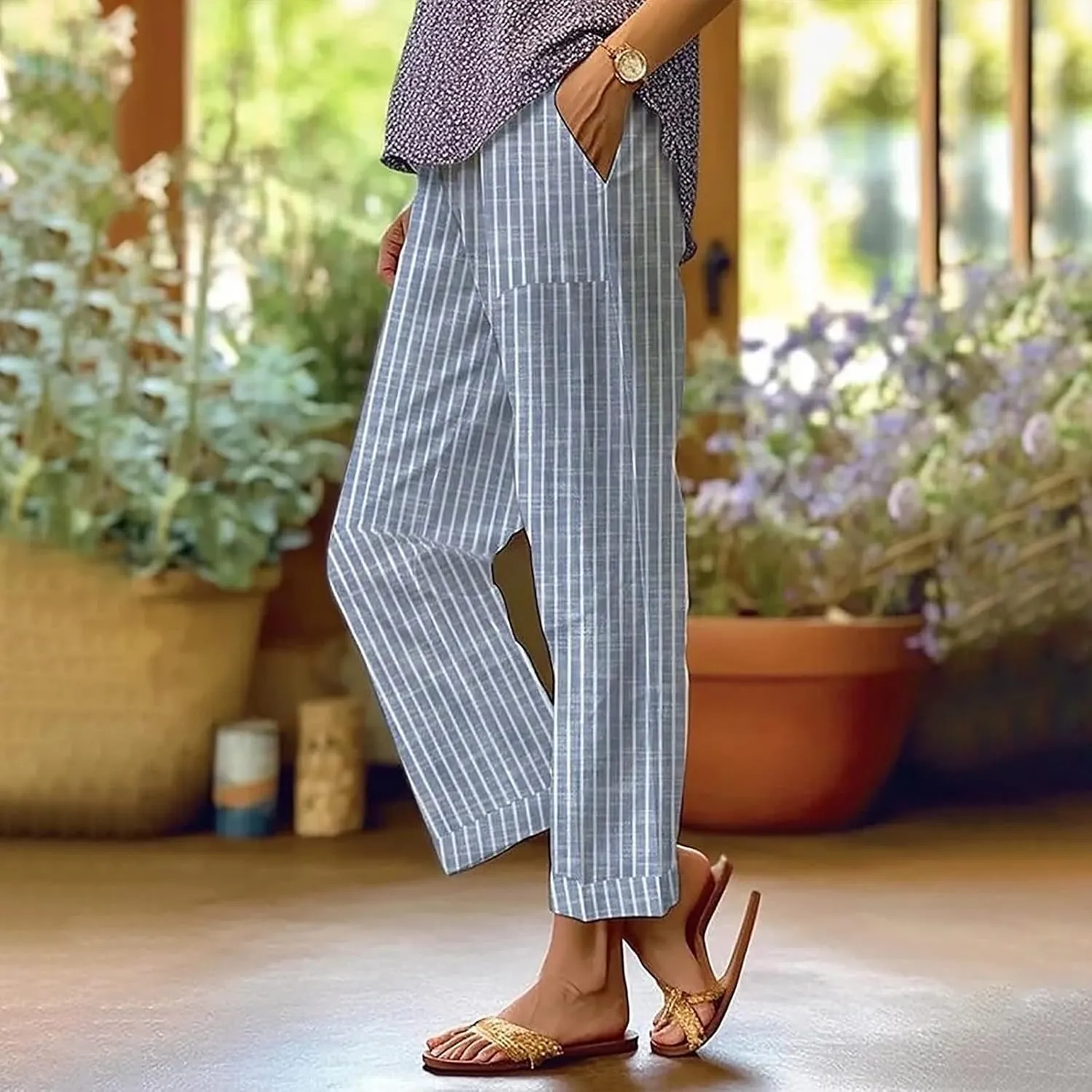 Side Stripe Pants Women for Beach Vacation Clothes for Women 2025 Linen Straight Leg Elastic Waist with Pockets