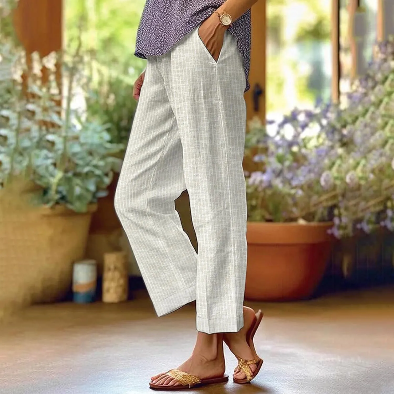 Side Stripe Pants Women for Beach Vacation Clothes for Women 2025 Linen Straight Leg Elastic Waist with Pockets