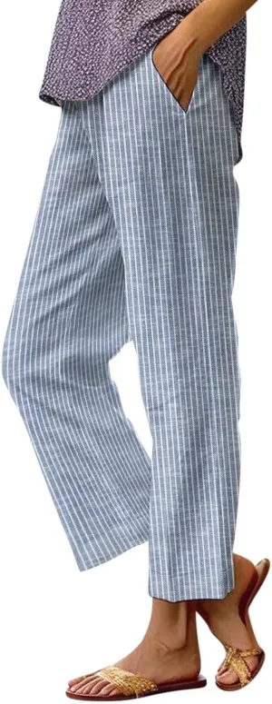 Side Stripe Pants Women for Beach Vacation Clothes for Women 2025 Linen Straight Leg Elastic Waist with Pockets