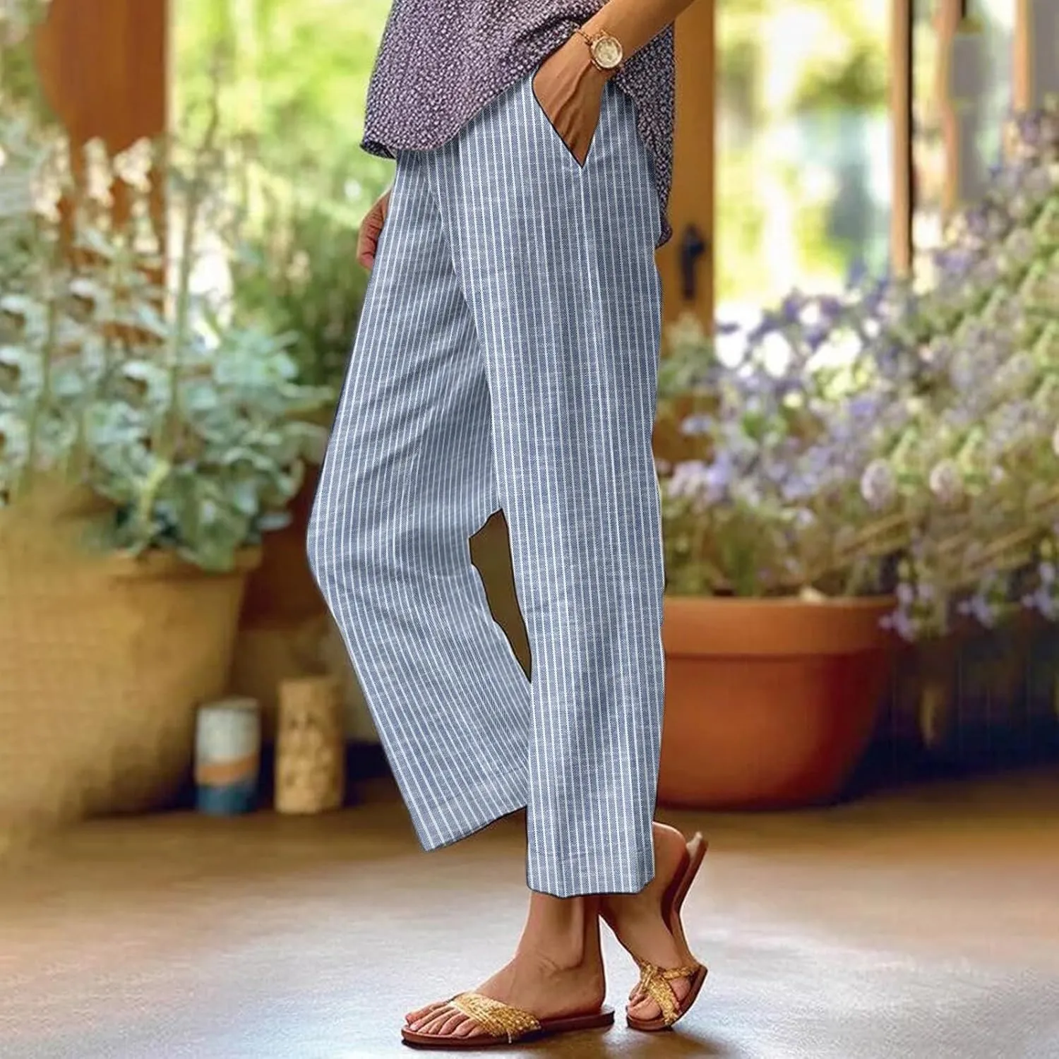 Side Stripe Pants Women for Beach Vacation Clothes for Women 2025 Linen Straight Leg Elastic Waist with Pockets
