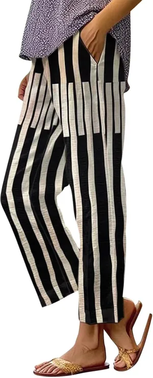 Side Stripe Pants Women for Beach Vacation Clothes for Women 2025 Linen Straight Leg Elastic Waist with Pockets