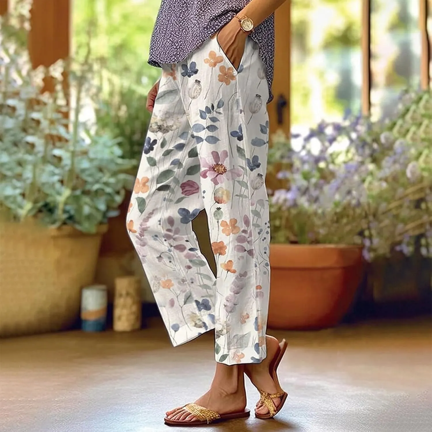 Side Stripe Pants Women for Beach Vacation Clothes for Women Linen Straight Leg Elastic Waist Womens Summer Outfits